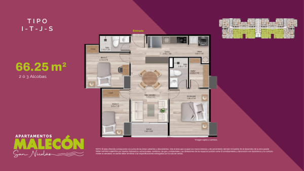 Torre 2 - Tipos I-T-J-S, Area Total: 66.25 m2