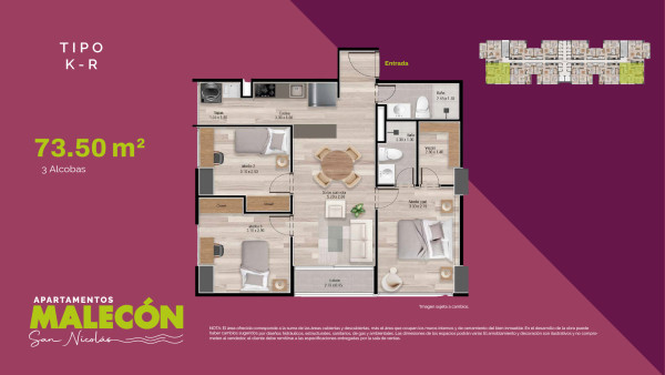 Torre 2 - Tipos K-R, Area Total: 73.50 m2