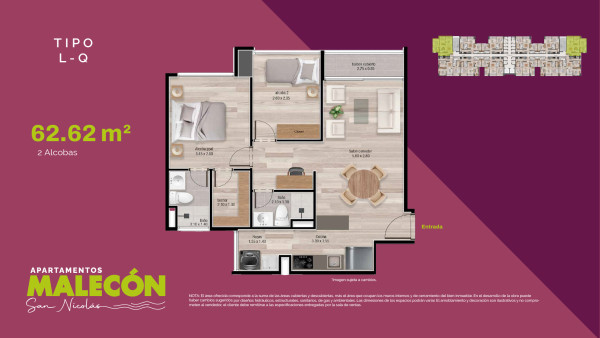 Torre 2 - Tipos L-Q, Area Total: 62.62 m2