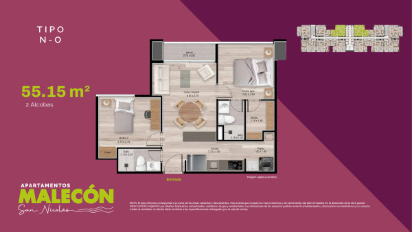 Torre 2 - Tipos N-O, Area Total: 55.15 m2