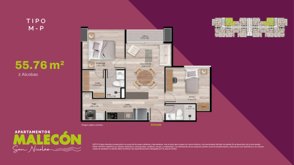 Torre 2 - Tipos M y P, Area Total: 55.76 m2