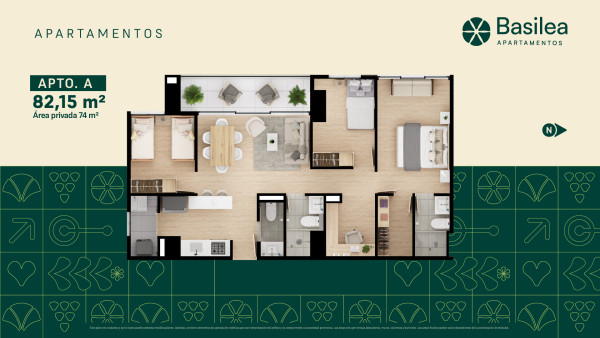 Planos - Apartamento A, Area Total: 82.15 m²