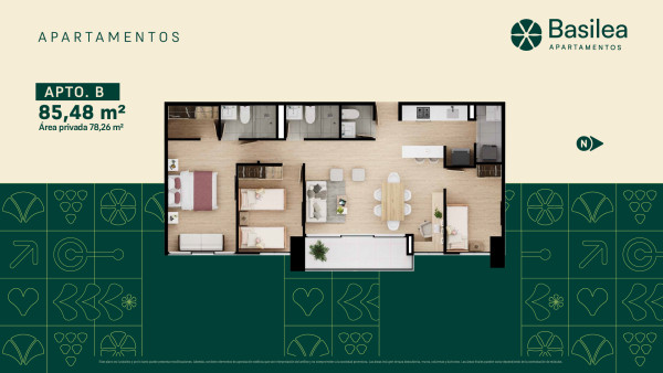 Planos - Apartamento B, Area Total: 85.48 m²