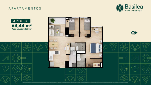 Planos - Apartamento C, Area Total: 64.44 m²