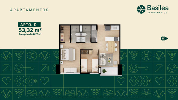 Planos - Apartamento D, Area Total: 53.32 m²