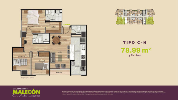 Torre 1 - Tipo C-H, Area Total: 78.99 m2