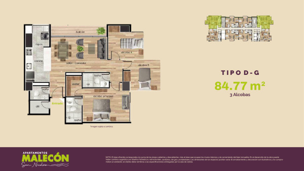 Torre 1 - Tipo D-G, Area Total: 84.77 m2