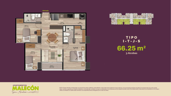 Torre 2 - Tipos I-T-J-S, Area Total: 66.25 m2