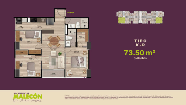 Torre 2 - Tipos K-R, Area Total: 73.50 m2