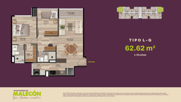 Torre 2 - Tipos L-Q, Area Total: 62.62 m2