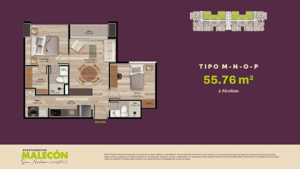Torre 2 - Tipos M-N-O-P, Area Total: 55.76 m2